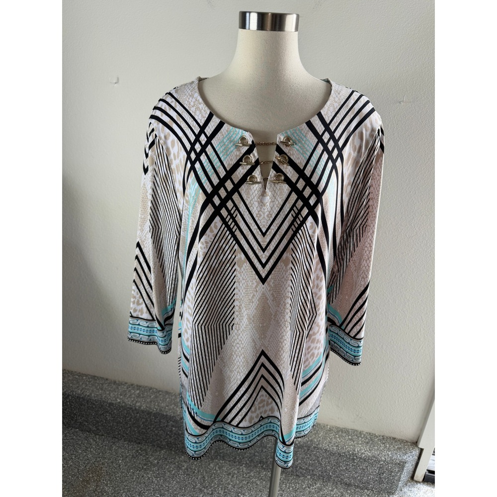 JM Collection Womens XL Tunic Top 3/4 Sleeve Gold Hardware Geometric Blouse